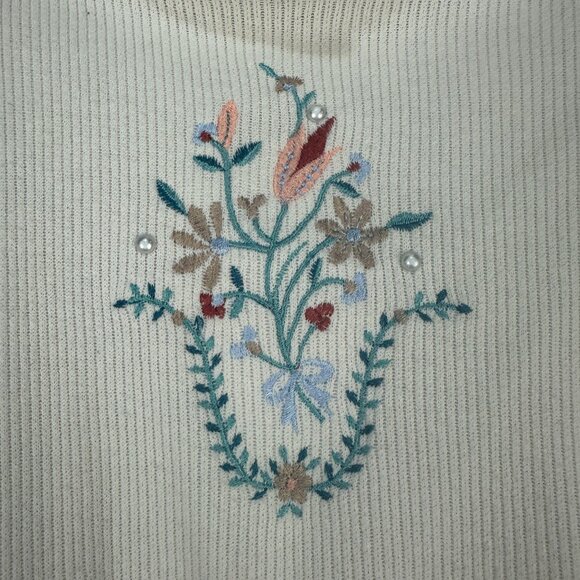 Vintage Teddi Womens Embroidered Floral Sweater Long Sleeve Large Cream Ribbed - Picture 2 of 10